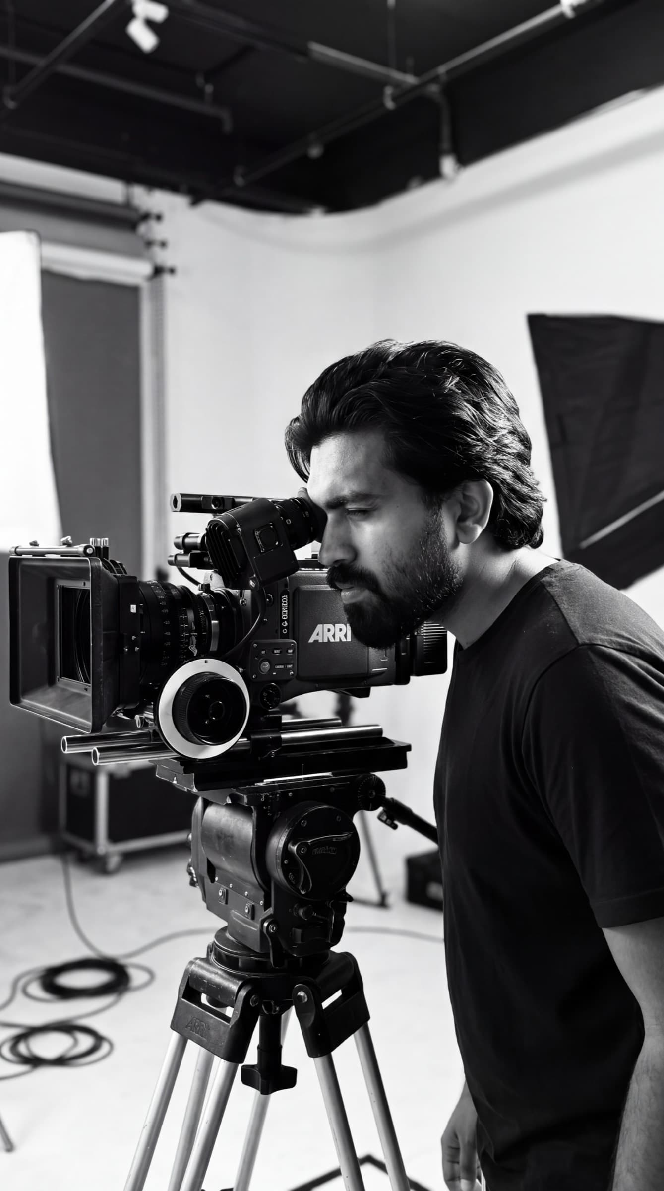 Risal at the eyepiece of an ARRI camera on a studio floor